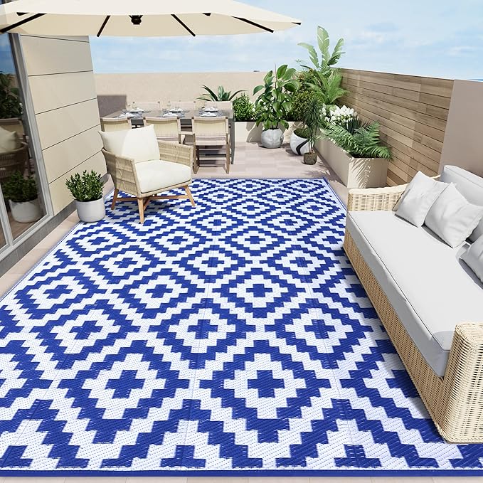OLANLY Waterproof Outdoor Rug 10x14 ft, Outdoor Plastic Straw Rug for Camping, RV Mat Outside, Outdoor Carpet for Porch, Deck, Backyard, Balcony, Picnic, Blue & White