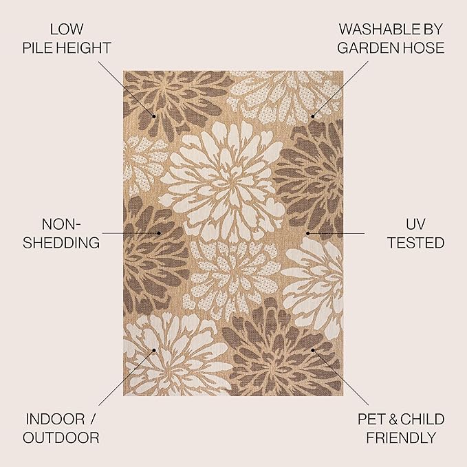 JONATHAN Y Floral Textured Weave Indoor Outdoor Square Area Rug 6X6 Brown/Cream, Zinnia Modern for Backyard, Patio, Porch, Easy-Cleaning, High Traffic, Pet-Friendly, Non-Shedding (SMB110I-6SQ)