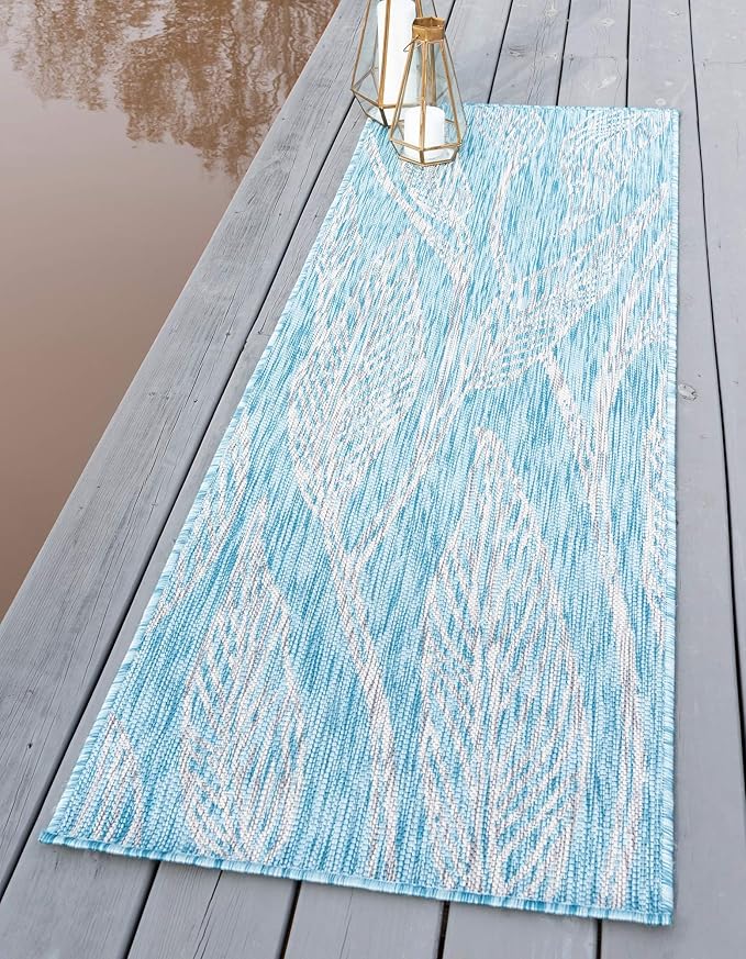 Unique Loom Outdoor Botanical Collection Area Rug - Leaf (2' x 6' 1" Runner, Light Aqua/ Ivory)
