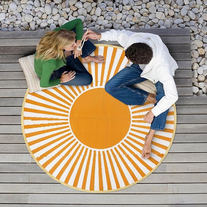 Anidaroel Round Outdoor Rugs 6ft for Patios Clearance, Waterproof Reversible Plastic Straw Patio Rug, Outside Area Rug Floor Mat for Backyard, Porch, Balcony, Pool Deck, RV Camping, Picnic(Orange,6ft)