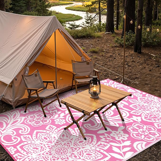 Findosom Waterproof Outdoor Rug 8' x 10' - Reversible Mandala Outdoor Plastic Straw Rug, Durable Foldable Patio Rug for RV, Deck, Balcony, Backyard, Picnic, Porch, Camping, Beach, Pink