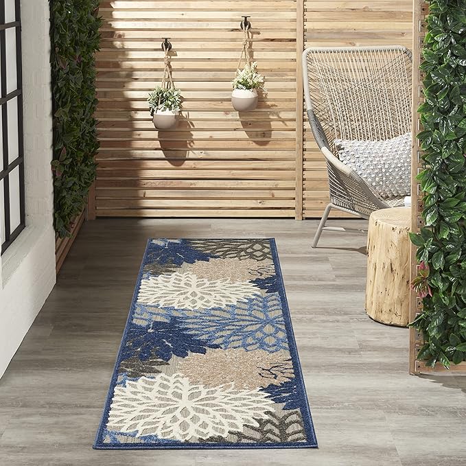 Nourison Home Aloha Indoor/Outdoor Blue/Multicolor 2'3" x 8' Area Rug, Tropical, Botanical, Easy Cleaning, Non Shedding, Bed Room, Living Room, Dining Room, Deck, Backyard, Patio (2x8)