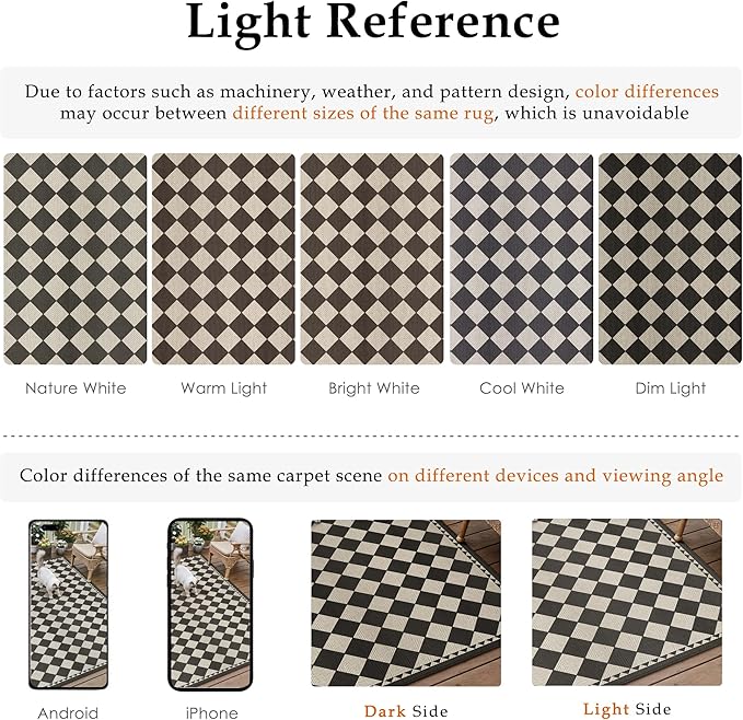 HUGEAR 5x7 Outdoor Rug Black/Beige Linen-Look Fabric Checkered Area Rug High Traffic Stain Resistant Easy Clean Durable Rugs for Indoor/Outdoor Patio Deck Balcony Porch Garden Courtyard