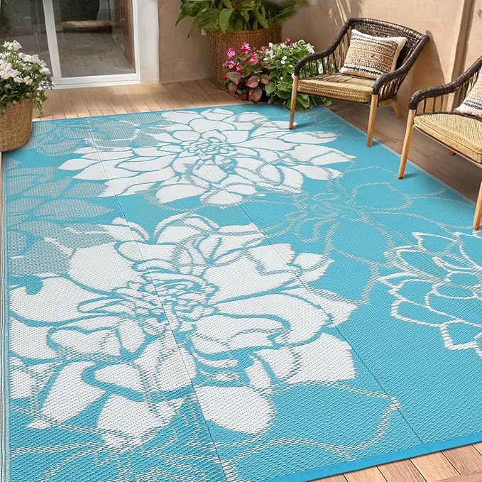 Waterproof Plastic Straw Rug 8x10 Reversible Outdoor Rug, Weather Resistant Outside Carpet, Portable RV Camping Mat with Carry Bag & Stakes for Patio Porch Garden Yard, Blue