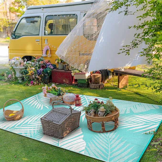 GENIMO Outdoor Rug 5' x 8' Waterproof for Patios Clearance, Reversible Outdoor Plastic Straw Camping Rug Carpet, Large Area Rugs Mats for RV, Picnic, Backyard, Deck, Balcony, Porch, Aqua Blue&White
