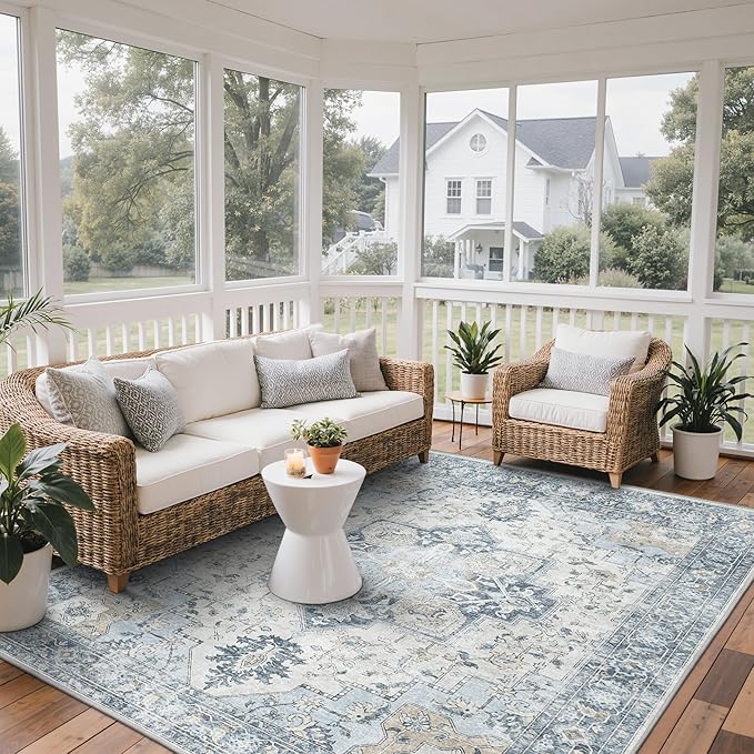 GENIMO Outdoor & Indoor Area Rug 9'x12', Waterproof, Non-Shedding, Easy Cleaning, Boho Mat for Patio, Living Room, Balcony, Dining Room, RV, Deck, Bedroom, Camping, Outside Carpet,Blue