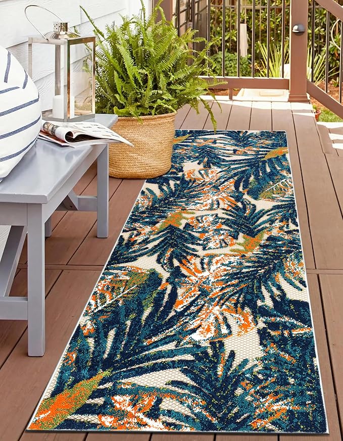 Rugshop Tropical Floral Leaves Indoor/Outdoor Runner Rug Durable Polypropylene, Non-Shedding, Easy to Clean, Perfect for Patio, Backyard, Deck and Outdoor Lounge, High Traffic Areas, 2'7" x 10'