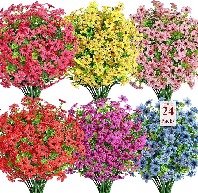 SHareconn 24 Bundles Artificial Flowers for Outdoors Spring Decoration, Fake Silk Realistic Faux Plants UV Resistant for Outside Planter Porch Patio Summer Indoor Decor, RedRosePurpleYellowPinkBlue