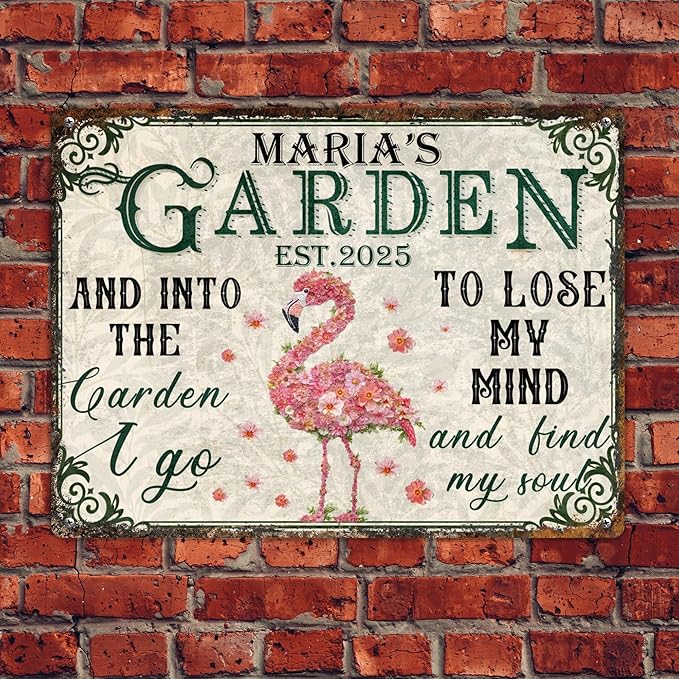 Custom Garden Signs Personalized Metal Tin Sign for Women, Retro Funny Flamingo Metal Sign for Outdoor, Patio, Yard Rustic Home Decor Gift for Mothers Day, Grandmas, and Gardening Lovers