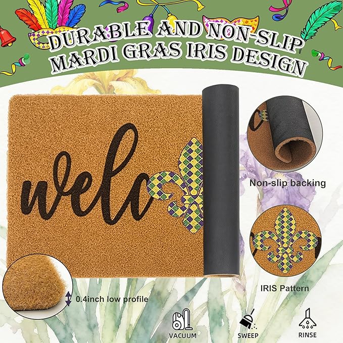 Mardi Gras Welcome Door Mat Outside Entrance, Faux-Coir Thin Doormat, Holiday Outdoor Decoration Outdoor Porch-Rug 17"X30" Non-Slip Dirt-Trapping for Home Garden Farm Spring Decor