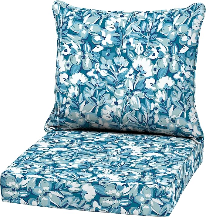 Arden Outdoor Deep Seat Cushion Set, 22 in x 24 in, Weather-Proof, Rain-Proof, Fade Resistant Patio Cushion Aqua Blue Fusion Floral