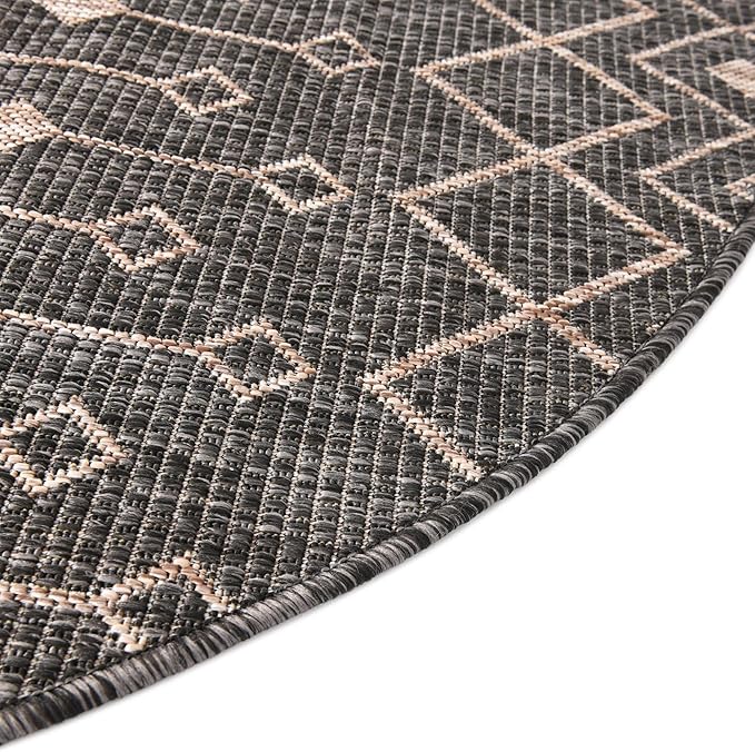 Unique Loom Outdoor Trellis Collection Area Rug - Tribal Trellis (3' 3" Round, Charcoal Gray/ Natural)
