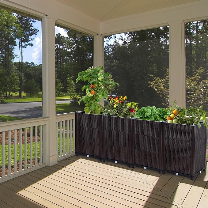 D'vine Dev Raised Patio Planter Box - Elevated Planter with Drainage Plug Raised Garden Beds for Growing Flowers, Herbs, Vegetables - Outdoor Standing Gardening Kit, Set of 4, RGB-D-4