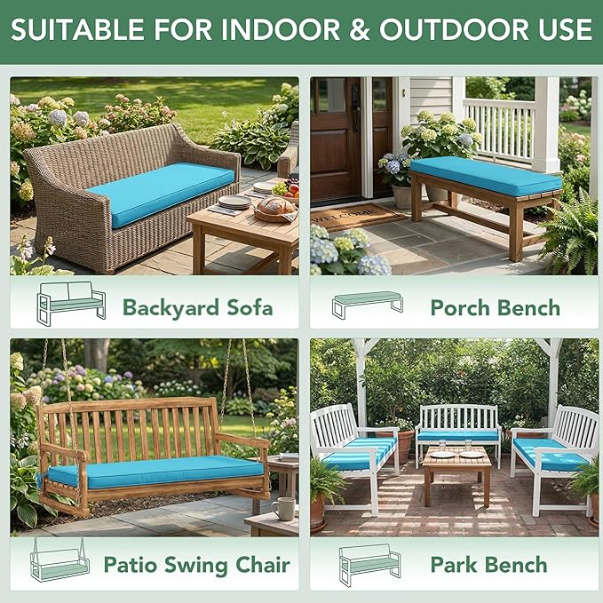 Outdoor Bench Cushion: Waterproof and Fade Resistant Patio Furniture Cushions - Non-Slip Bench Pad Cushion with Removable Cover for Garden Swing Porch Sofa Settee, 48 x 18 x 3 Inch, Teal