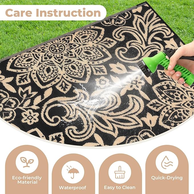 Findosom Waterproof Outdoor Rug 8' x 10' - Reversible Mandala Outdoor Plastic Straw Rug, Durable Foldable Patio Rug for RV, Deck, Balcony, Backyard, Picnic, Porch, Camping, Beach, Black