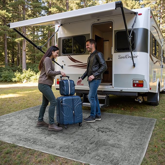 GENIMO Outdoor & Indoor Area Rug 5'x8', Waterproof, Non-Shedding, Easy Cleaning, Boho Mat for Patio, Living Room, Balcony, Dining Room, RV, Deck, Bedroom, Camping, Outside Carpet,Dark Grey