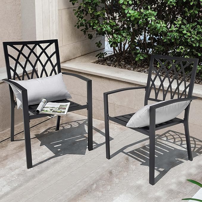 NUU GARDEN Outdoor Patio Dining Chairs Set of 2, Stackable Metal Patio Chairs with Armrests, Portable Dining Chairs for Backyard, Lawn, Deck, Porch, Poolside, Bistro, Black