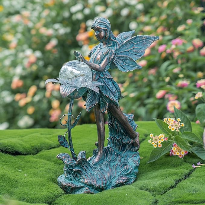 TERESA'S COLLECTIONS Garden Fairy Large Bronze Garden Sculptures & Statues Resin with Solar Outdoor Light, Valentines Decorations Lawn Ornaments for Outdoor Decor, Gifts for Women Mom, 11"