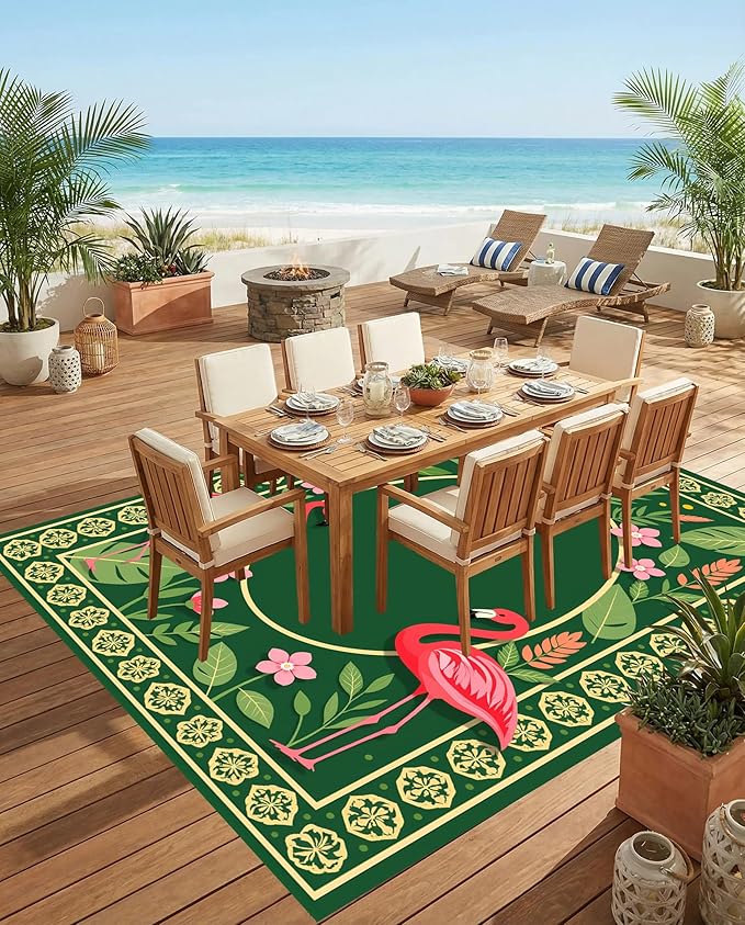 Emerald Green Pink Flamingo Tropical Patio Rug 3x5 Waterproof Washable Bohemian Chic Indoor Outdoor Carpet Yellow Border Unique Outside Rugs for Porch Balcony Porch Deck Poolside Backyard