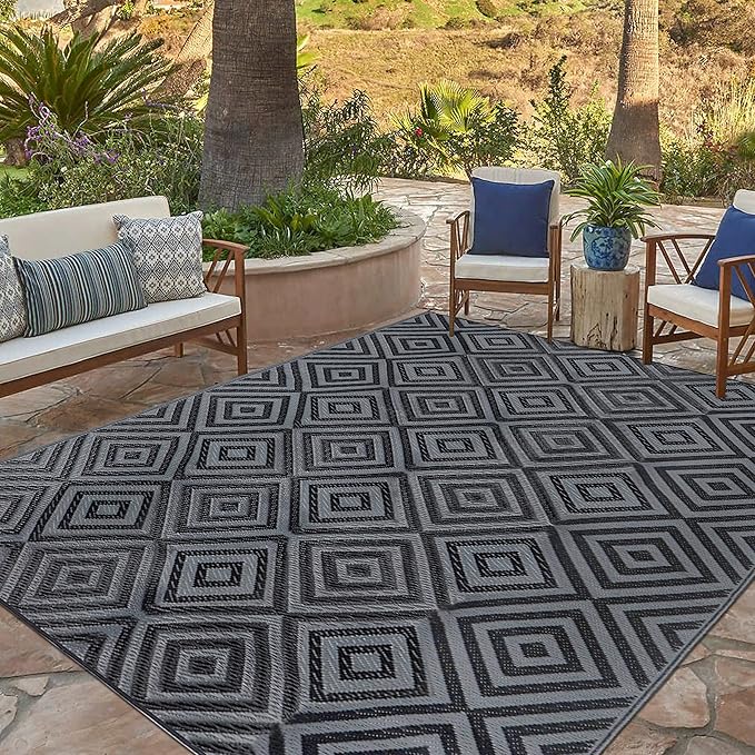 Reversible Mats, Patio Plastic Straw Modern Area Rug, Floor Mat for Outdoors, RV, Patio, Backyard, Deck, Picnic, Beach, Trailer, Camping (Diamond Black & Grey, 9' x 12')