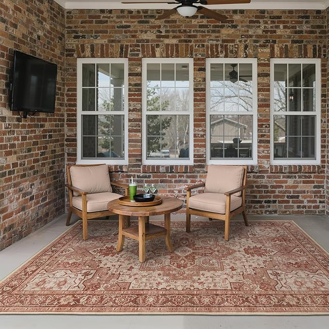 GENIMO Outdoor & Indoor Area Rug 5'x8', Waterproof, Non-Shedding, Easy Cleaning, Boho Mat for Patio, Living Room, Balcony, Dining Room, RV, Deck, Bedroom, Camping, Outside Carpet,Brown Red