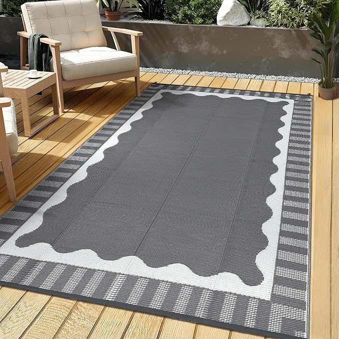 Outdoor Rug 8x10 Waterproof Patio Rugs Scalloped Border Reversible Mat for Front Door Rv Foldable Plastic Straw Carpet for Travel Trailers, Deck, Picnic, Porch, Camper, Balcony, Beach，Grey