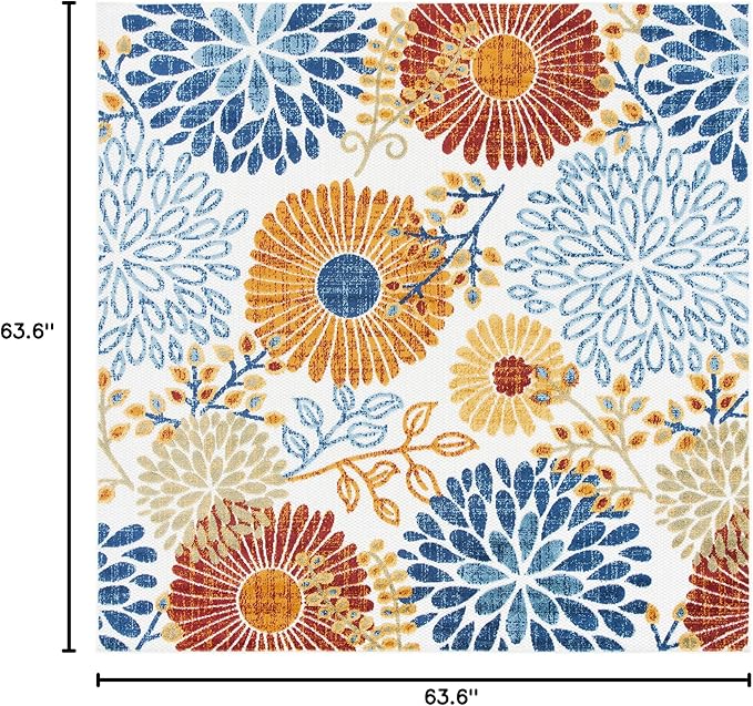 SAFAVIEH Washable Rug Outdoor Cabana Collection - 5'3" Square, Cream & Red, Non-Shedding & Easy to Clean, Ideal for Patio, Backyard, Mudroom (CBN832A)
