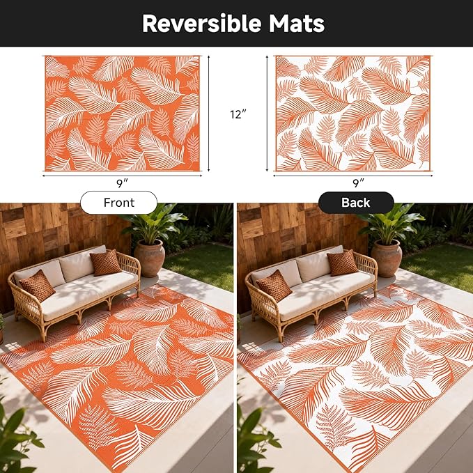 Pauwer Waterproof Outdoor Rug 9x12, Reversible Plastic Straw Patio Camping Rug, Indoor Outdoor RV Mat Carpet for Deck, Camper, Porch, Balcony, Backyard, Picnic, Leaf Orange