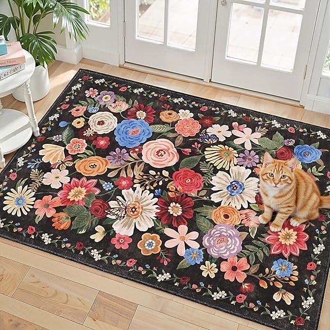 Black Floral Rug for Entryway, 2x3 Washable Kitchen Mat Ultra-Thin Soft, Non-Slip Indoor Door Carpet Stain Resistant Boho Small Low-Pile Throw for Bathroom Bedroom (2 x 3, Black Garden)