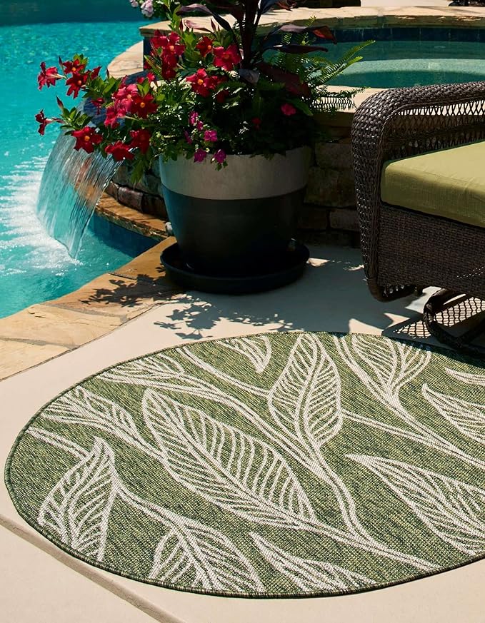 Unique Loom Outdoor Botanical Collection Area Rug - Leaf (13' Round, Green/ Ivory)