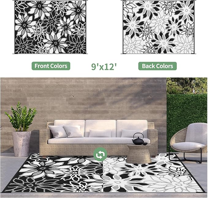 GENIMO Outdoor Rug Waterproof for Patio Decor, 9' x 12' Reversible Plastic Straw Floral Camping Carpet, Large Area Rugs Mats for RV, Camper, Deck, Balcony, Porch, Beach, Picnic, Black & White