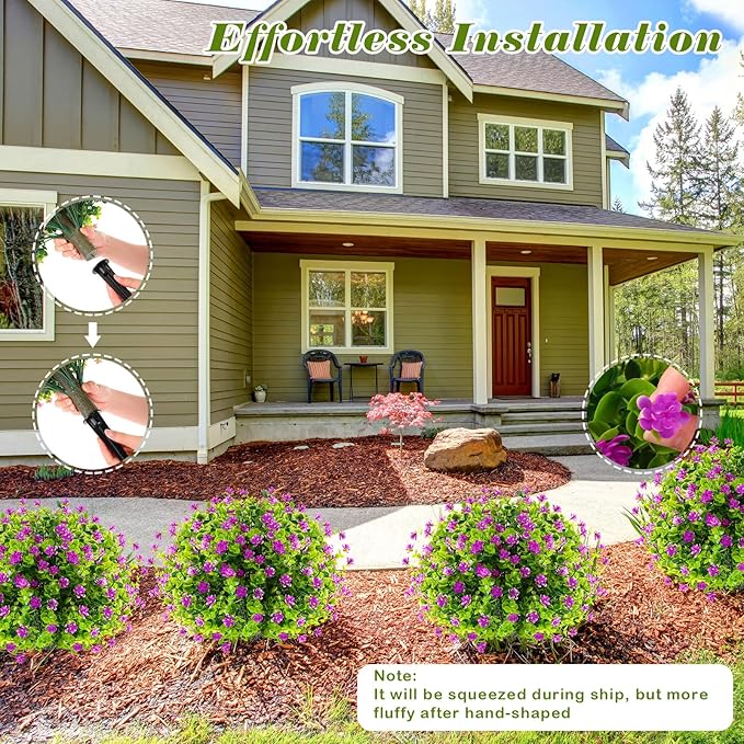 Yunlly 6 Pcs Outdoor Artificial Topiary Ball Trees 22" with Colorful Flowers, Boxwood Fake Bushes Shrubs with Spike, UV Resistant Evergreen Plants for Front Porch Garden Decor (Purple)