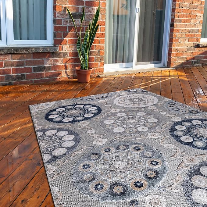 CAMILSON Indoor Outdoor Rug 6x9 Bohemian Medallion Floral Area Rugs for Indoor and Outdoor Patios Easy-Cleaning Non-Shedding Living Room Garden and Kitchen Washable Outside Carpet (6 x 9 / Blue)