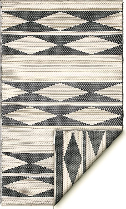 Fab Habitat Geometric Neutral Tribal Outdoor Rug - Waterproof, Fade Resistant, Crease-Free, Reversible - Premium Recycled Plastic - Patio Porch Balcony Deck - Cairo NaturalBlack - 8x10 ft