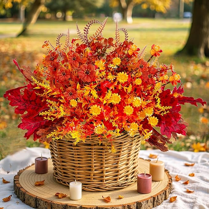 Fall Flowers Artificial for Thanksgiving Decoration, Artificial Mums for Outdoors, 26 Bundles Fake Fall Flowers Plants, Faux Mums for Outdoor Planters, Indoor Home Garden Porch Decor (Autumn Twilight)