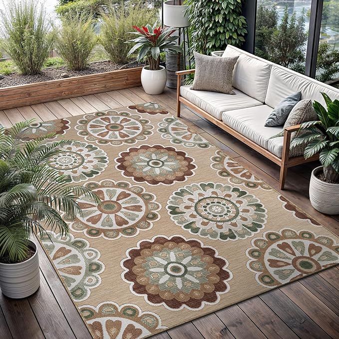 Outdoor Rug 5x7 Washable Area Rugs Indoor Outdoor Carpets Beige Bohemian Medallion Non Shedding Waterproof Easy Clean Patio Deck Porch Living Room Bedroom Garden RV (5 X 7 Beige)