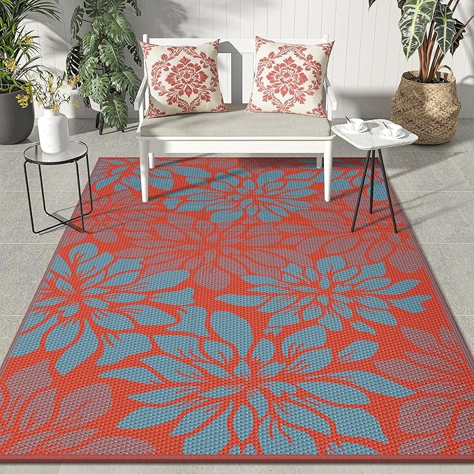 GENIMO Outdoor Rug Waterproof for Patio Decor, 6' x 9' Reversible Plastic Straw Floral Camping Carpet, Large Area Rugs Mats for RV, Camper, Deck, Balcony, Porch, Beach, Picnic, Red & Blue