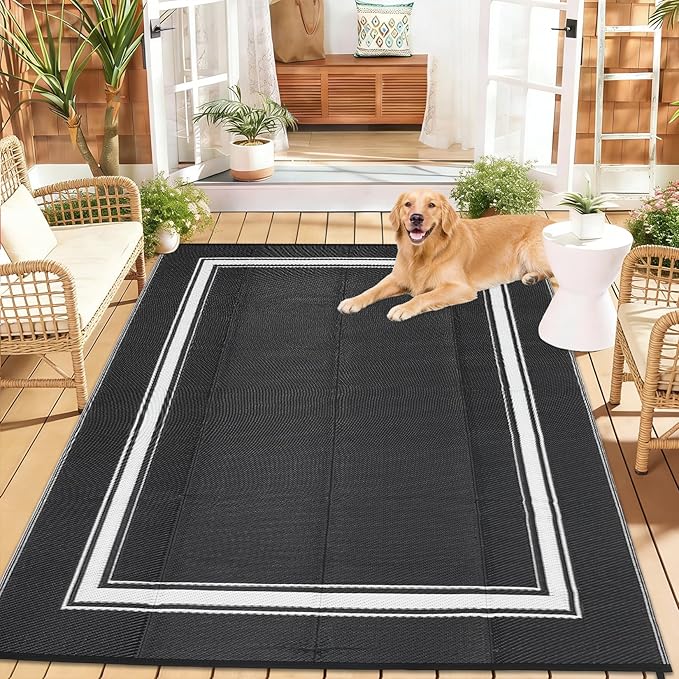 Waterproof Outdoor Rug 9x12 Reversible Plastic Straw Rug Modern Bordered Large Floor Carpet UV Resistant Camping Mat for Outsides RV Patio Backyard Picnic Deck Black/White