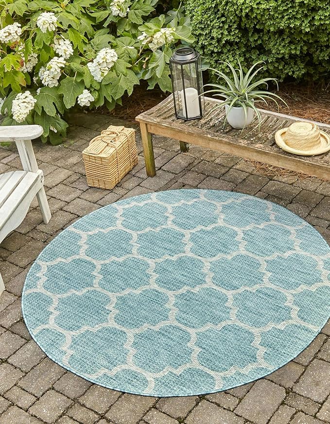 Unique Loom Outdoor Trellis Collection Area Rug - Trellis (Round 13' 0" x 13' 0", Aquamarine/ Gray)