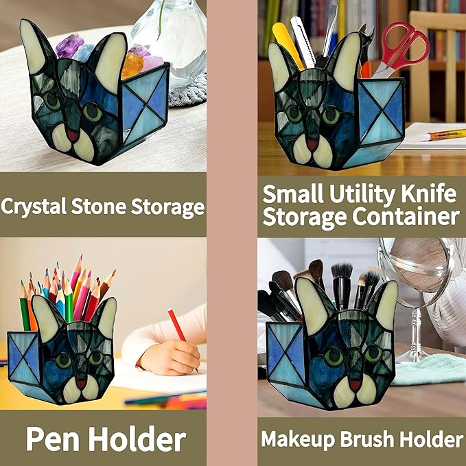 Stained Glass Cat Tea Light Candle Holder Glass,Pencil Holders for Desk,Funny Cactus Pot,Gift for Cat Lover