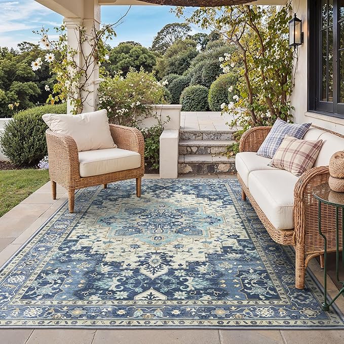GENIMO Outdoor & Indoor Area Rug 6'x9', Waterproof, Non-Shedding, Easy Cleaning, Boho Mat for Patio, Living Room, Balcony, Dining Room, RV, Deck, Bedroom, Camping, Outside Carpet,Center Blue