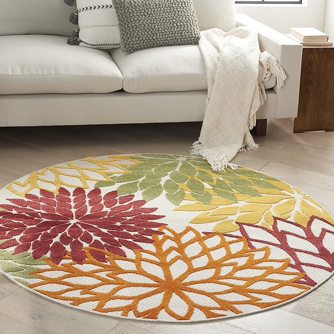 Nourison Home Aloha Indoor/Outdoor Red Multi Colored 4' x Round Area Rug, Tropical, Botanical, Easy Cleaning, Non Shedding, Bed Room, Living Room, Dining Room, Deck, Backyard, Patio (4 Round)