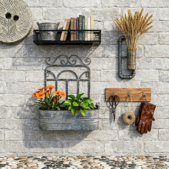 Vintage Rustic Wall Planter Distressed Grey Decor Iron Hanging Plant Basket Shabby Metal Wall Mounted Flower Holder Pot Stand for Indoor Outdoor Home Balcony Patio Farmhouse Garden Decorative Blue