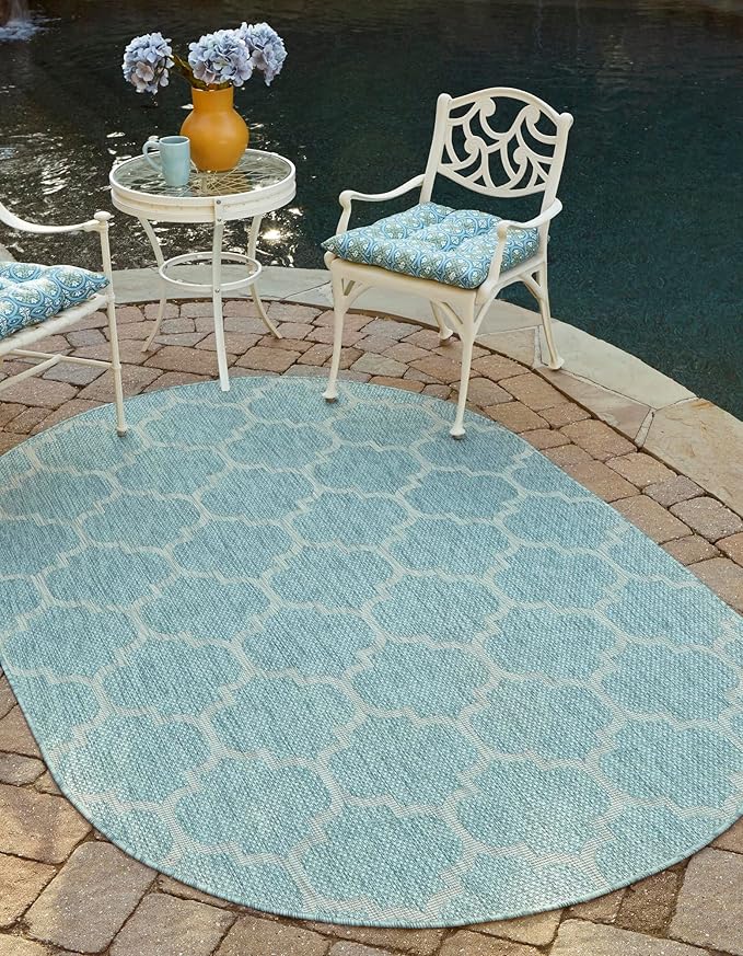 Unique Loom Outdoor Trellis Collection Area Rug - Trellis (Oval 3' 3" x 5' 3", Aquamarine/ Gray)