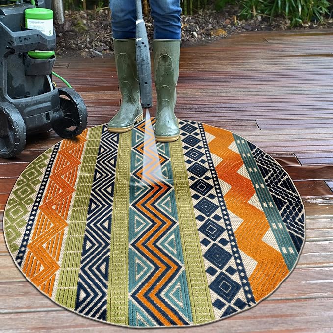 Rugshop Multi Marbella Boho Indoor/Outdoor Round Area Rug, Machine Washable for Patio, Deck and Seating Area 8' Round