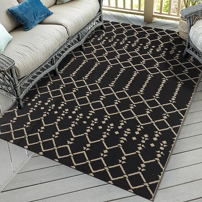 Smiry Outdoor Rug 5x8 ft, Waterproof Reversible Plastic Straw Rugs, Boho Outdoor Area Rug, Outside Floor Mat for Patio, Backyard, Deck, Picnic, Camping, Beach, Champagne