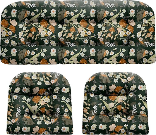 Wicker Chair Cushions, Waterproof Outdoor Loveseat Cushions for Patio Furniture, Tufted Wicker Furniture Cushions, 1 Loveseat and 2 U-Shaped Cushions (Black Floral)