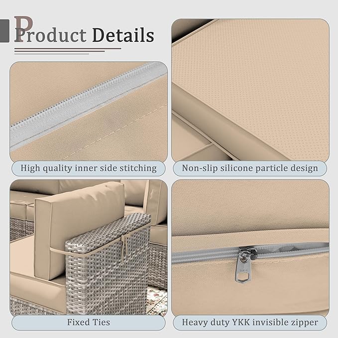 Outdoor Cushions for Patio Furniture with 5 Pillows, Waterproof Patio Furniture Cushions Replacement, 4" Deep Seat Outdoor Sectional Cushions for 4-seat Patio Furniture Chair Sofa Couch,Sand