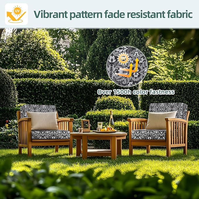 Favoyard Deep Seat Patio Cushion 24 x 24 x 4 in Waterproof Seat & Back Cushion Set with Color Fade Resisitant Pattern, Portable Handle, Attach Straps, Zipper on Removable Cover for Outdoor Furniture