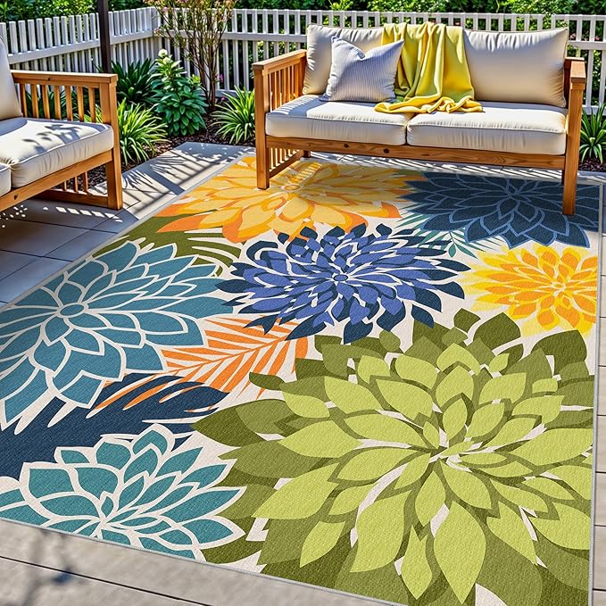 Colorful 5x8 Outdoor Area Rug Washable Multicolored Patio Rug Tropical Botanical Floral Chenille Waterproof Outdoor Carpet for Living Room, Deck, Backyard, Porch, Green